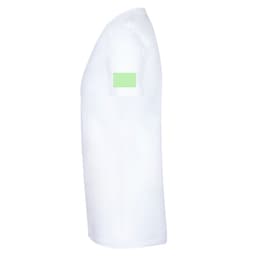 A white adult oversize T-shirt featuring a plain green patch on the sleeve and no visible branding.