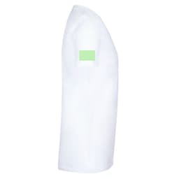 A white adult oversize T-shirt featuring a green patch on the sleeve. It has a simple, relaxed silhouette.