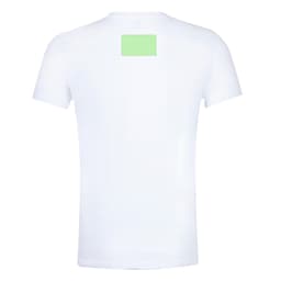 A white adult oversize T-shirt featuring a logo on the back. Simple, casual design ideal for everyday wear.