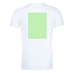 A white adult oversize T-shirt featuring a blank rectangular area on the back. It includes a logo at the front.
