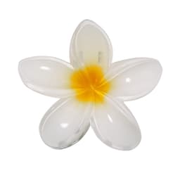 A white and yellow floral-shaped clip with a polished finish, featuring five petal-like sections and a central yellow detail.