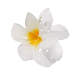 A white floral hair clip with a yellow centre, featuring a glossy finish and a sturdy clasp.