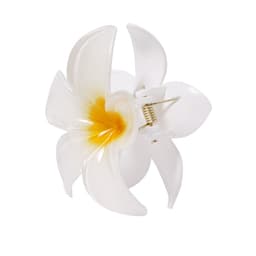 A white flower clip with yellow accents, featuring a spring mechanism at the centre. It has a smooth, glossy finish.