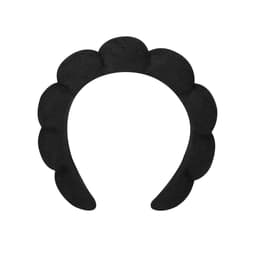 A black headband with a scalloped design and a smooth texture. It features a branding logo.