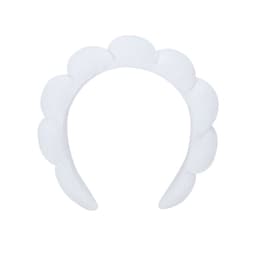 A white headband with a scalloped design, featuring a logo on the side. Ideal for various occasions.