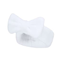 A white fluffy headband with a large bow, featuring a logo on the side.