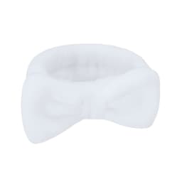 A white headband with a bow design, made from soft material, featuring a logo.
