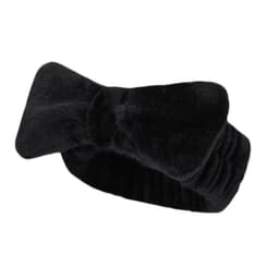 A black headband with a bow detail, made from soft, plush material. Features a gathered section for comfort.