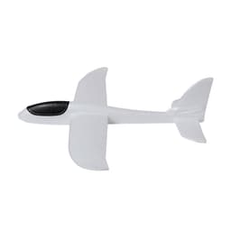 A white toy plane with a black cockpit, designed for fun and games. It features a simple aerodynamic shape.
