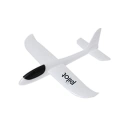 A white toy airplane with a black nose and a logo on the side, designed for fun and games.