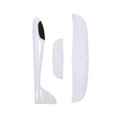 A white frisbee and two wing pieces, all made from lightweight material, arranged neatly together.