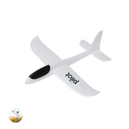 A white toy glider plane with a black nose and an embedded logo. Ideal for outdoor play and fun activities.
