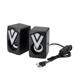 A black Bluetooth speaker set with a geometric design and connecting cables. Features a logo on the front of each speaker.