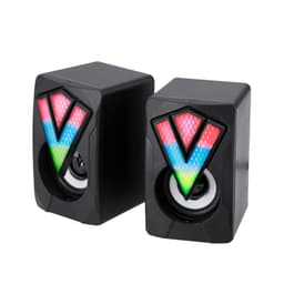 Two black Bluetooth speakers with LED lights displaying red, green, and blue patterns. Each speaker features a logo.