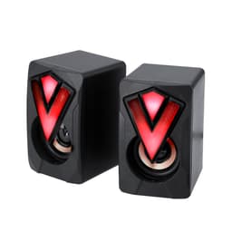 A set of black Bluetooth speakers with a distinctive red illuminated design and a prominent logo.