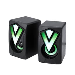 A pair of black Bluetooth speakers with green LED lighting and a geometric design on the front.