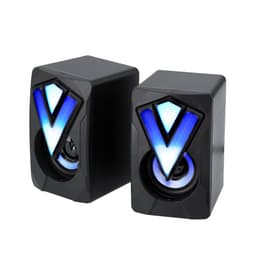 A pair of black Bluetooth speakers featuring blue LED lights and a geometric design. Each speaker has a prominent logo.