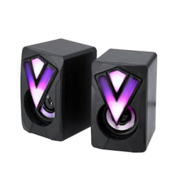 A pair of black Bluetooth speakers with illuminated accents, featuring a triangular design and a logo.