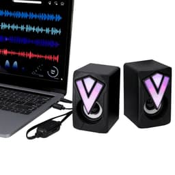 A pair of black Bluetooth speakers with lighting effects connected to a laptop, featuring colourful soundwave visuals on screen.
