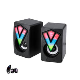 A pair of black Bluetooth speakers featuring multicoloured LED lights and a logo on the front.