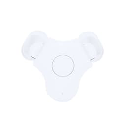 White earphones in a charging case with a circular button on the front, featuring a logo.