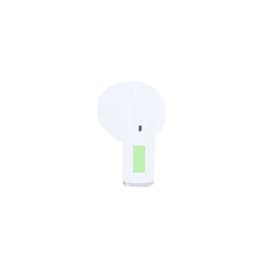 White earphone with a sleek design, featuring a subtle green accent and a logo.