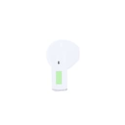 A pair of white earphones with a green accent and a logo, showcasing a modern design.