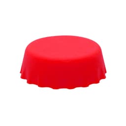 A red drink bottle lid with a ruffled edge, featuring a smooth top surface. It has a logo or branding on it.