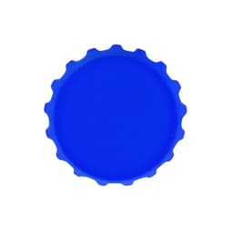 A blue drink bottle cap with a ridged edge and a circular shape. It features a logo.