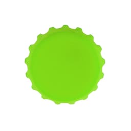 A drink bottle cap in bright green, featuring a ridged edge and smooth surface. It has a simple design with no logos.