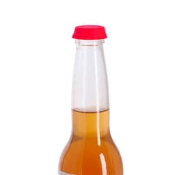 A drink bottle with a clear body and a red cap, containing a light amber liquid.