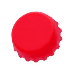 A red bottle cap with a serrated edge, designed to fit standard drink bottles. It features a smooth top surface.