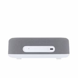 A wireless charger in grey fabric and white plastic, featuring buttons and a USB-C port. Includes branding.