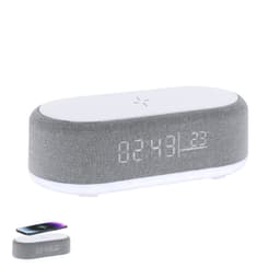 A grey wireless charger and clock with a fabric finish, featuring a digital display. It has a logo on the surface.