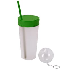A drink bottle with a green lid and straw, accompanied by a clear keychain ball.