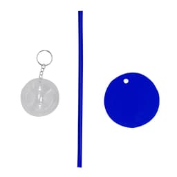 A drink bottle with a blue straw, a blue circular lid, and a clear container attached by a chain.