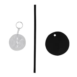 A drink bottle featuring a black drinking straw and a clear circular keyring attachment.
