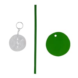 A green drinking straw, a green circular tag, and a clear keychain capsule are displayed together.