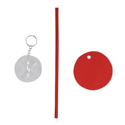 A red drinking straw, a red circular tag, and a clear ball keychain are arranged side by side.