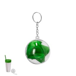 A promotional green drinking straw set enclosed in a clear orb, attached to a keychain, alongside a drink bottle.