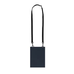 A navy blue bag with a black strap and a simple design, featuring a logo.