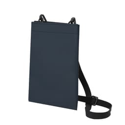 A navy bag with a shoulder strap and a secure closure, featuring a logo on the front.