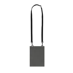 A grey bag with a black strap, featuring a simple design and a logo. Suitable for miscellaneous use.