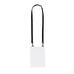 A white bag with a black strap, featuring a simple design and a logo. It’s suitable for miscellaneous uses.