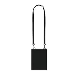 A black bag with a shoulder strap and a sleek design, featuring a logo.