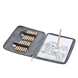 A zipped case containing coloured pencils, an eraser, and a notepad with a colouring picture.