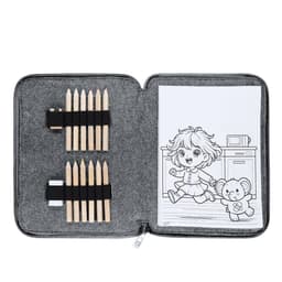A grey zippered case containing coloured pencils and a colouring page featuring a child with a teddy bear.