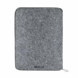A grey felt zippered pouch featuring a simple design and a logo at the bottom.