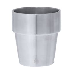 A drink bottle in a silver stainless steel design, featuring a modern pot shape and a visible logo.