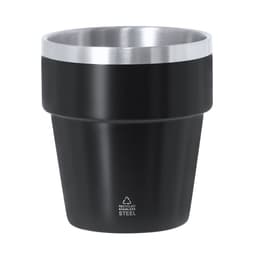 A drink bottle in a glossy black finish with a silver stainless steel rim and a planter-like design.